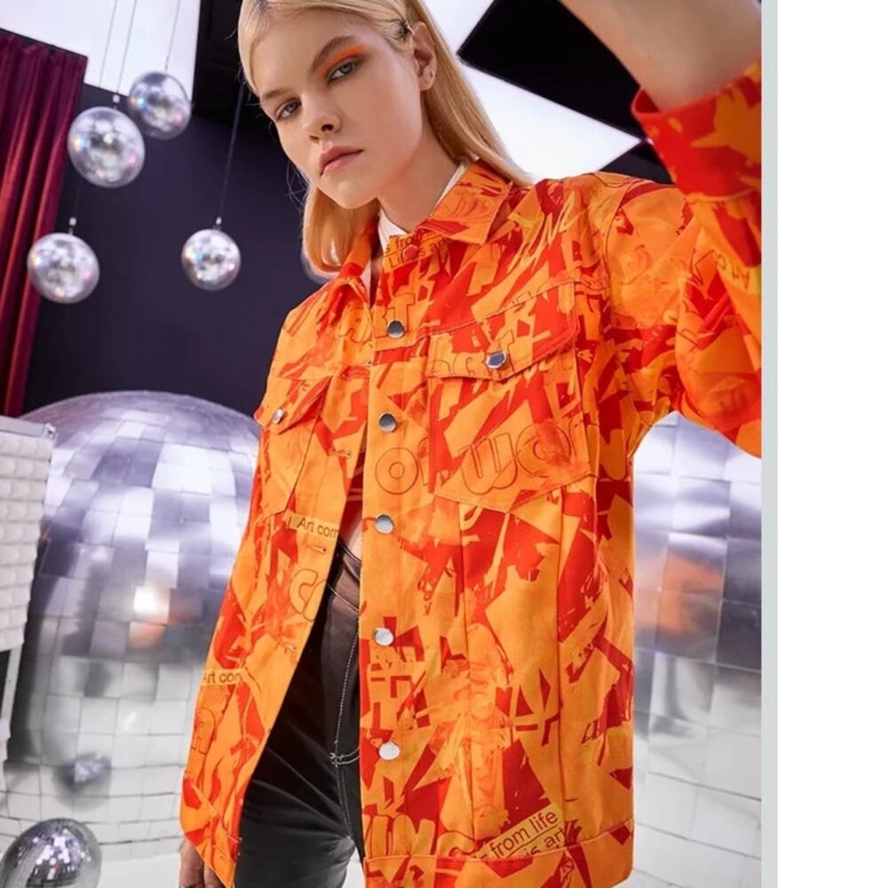 Artsy Graffiti Jacket Large Orange Art is Life Button Front Pop Streetwear Shein - Picture 2 of 14